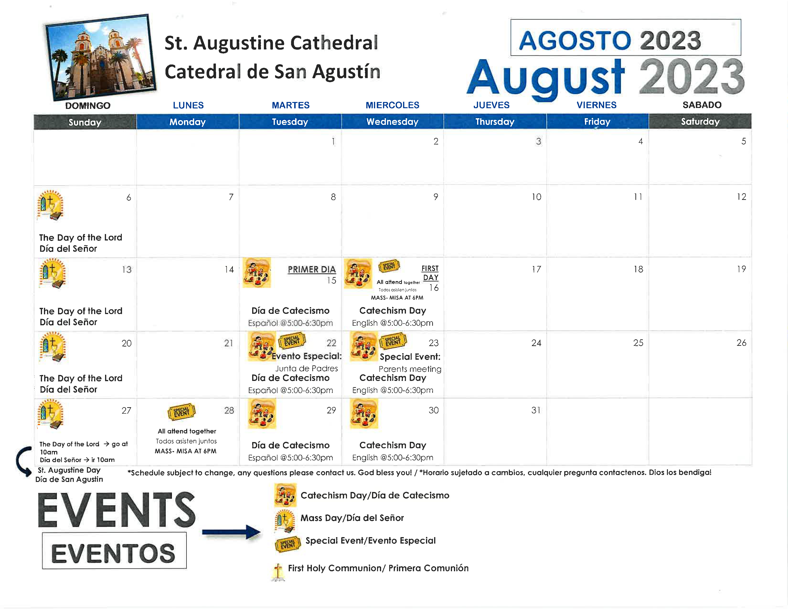 August Religious Education Calendar for St. Augustine